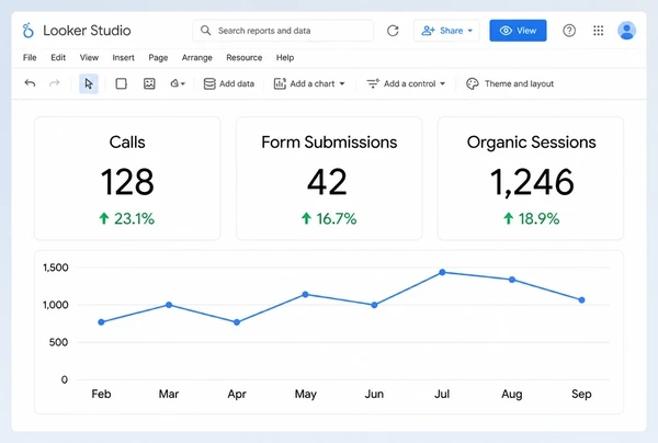 A Looker Studio report for a fine dining restaurant with three metric tiles and one monthly line chart