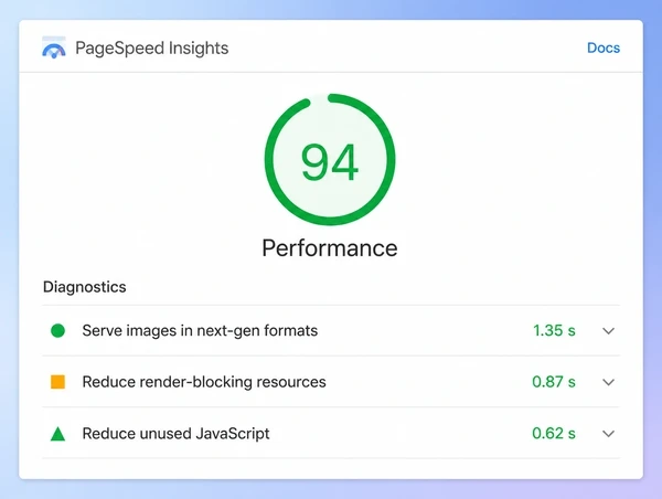 A PageSpeed Insights result for a day spa site with a score and three diagnostic rows