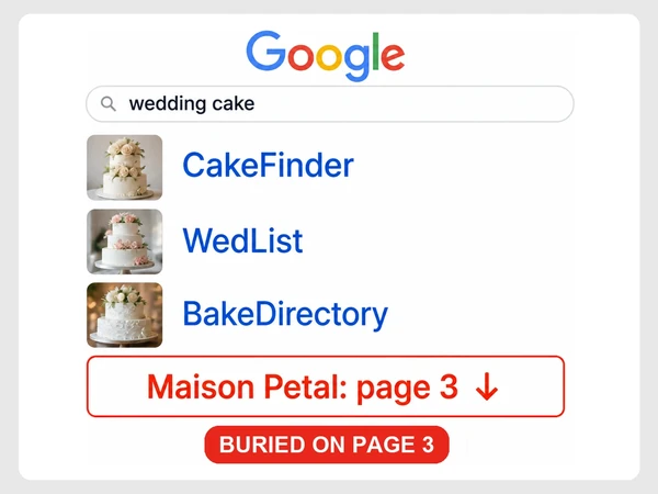 Google results place Maison Petal on page 3 beneath CakeFinder, WedList, and BakeDirectory for wedding cake.