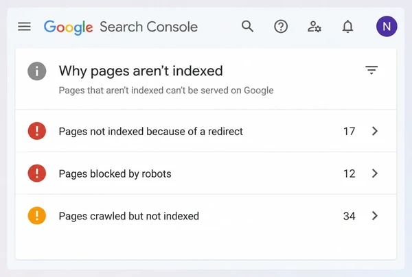 A Search Console indexing report for a nail studio site showing three groups of unindexed pages