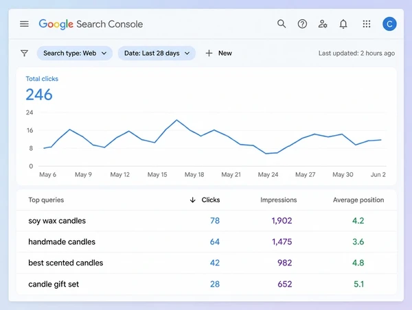 A Search Console query table for a candle maker showing four searches with clicks and position