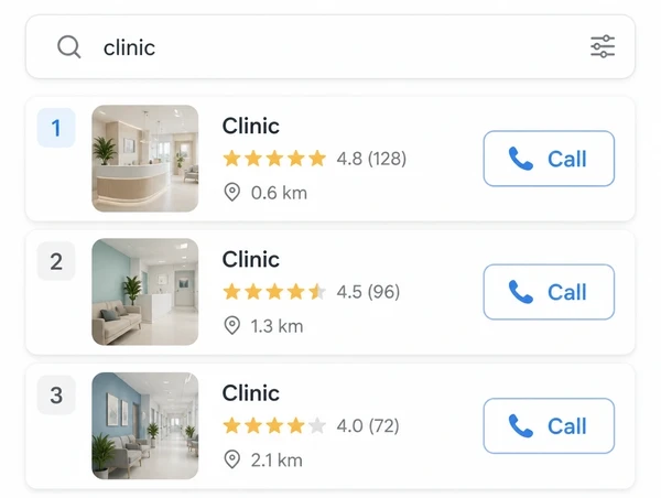 A search result where a clinic ranks first with a call button and a distance