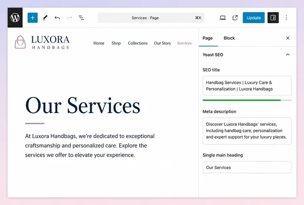A WordPress editor showing the title, description and heading set for a handbag brand service page