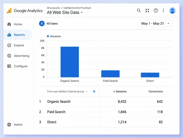 A Google Analytics report for a furniture maker comparing organic, paid and direct sessions
