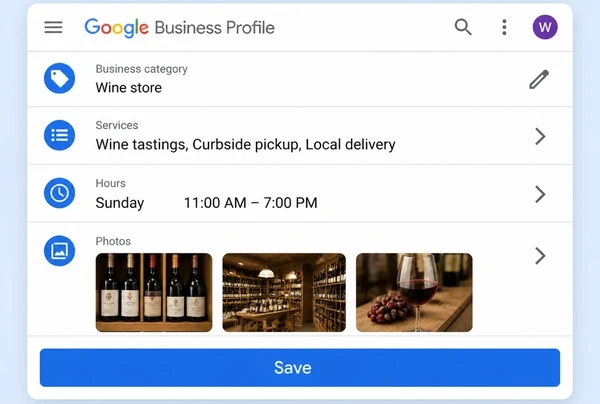 A Google Business Profile edit screen for a wine merchant showing category, services, hours and photos