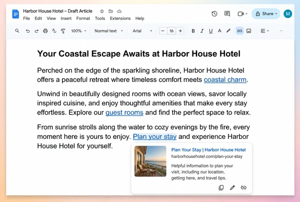 A Google Docs draft for a boutique hotel with three internal links and one link preview open