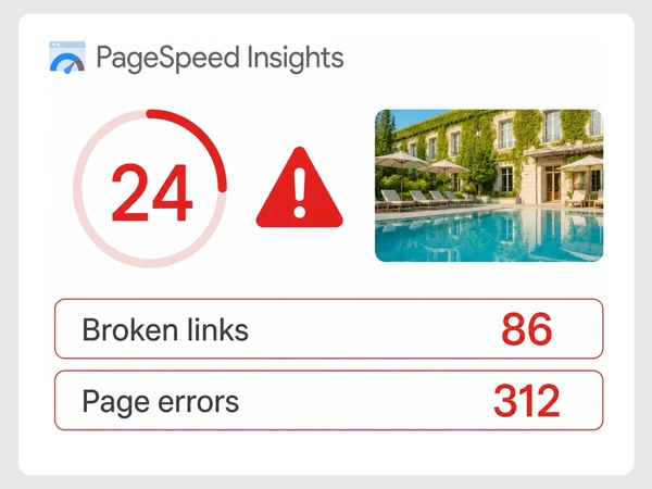 The Linden House PageSpeed report scores 24 with 86 broken links and 312 errors.