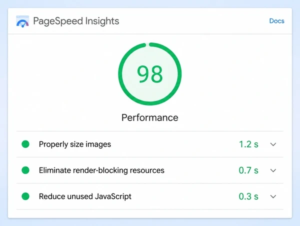 A PageSpeed Insights result for a dance studio site with a score and three diagnostic rows