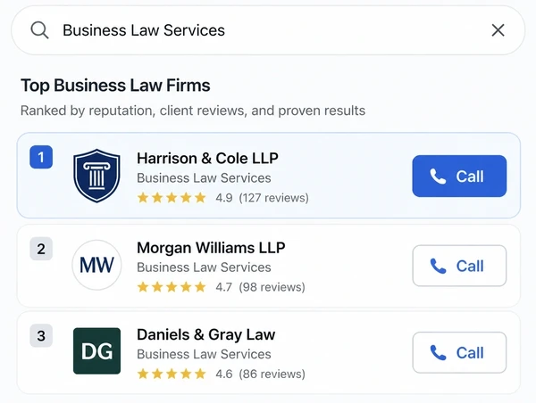 A search result showing a professional firm ranking first with a call button