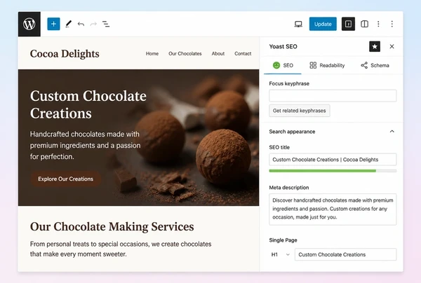 A WordPress editor showing the title, description and heading set for a chocolate maker service page