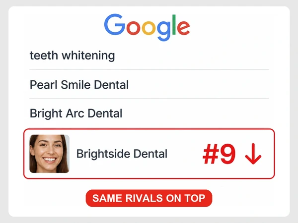 Google results rank Brightside Dental ninth below Pearl Smile Dental and Bright Arc Dental for teeth whitening.