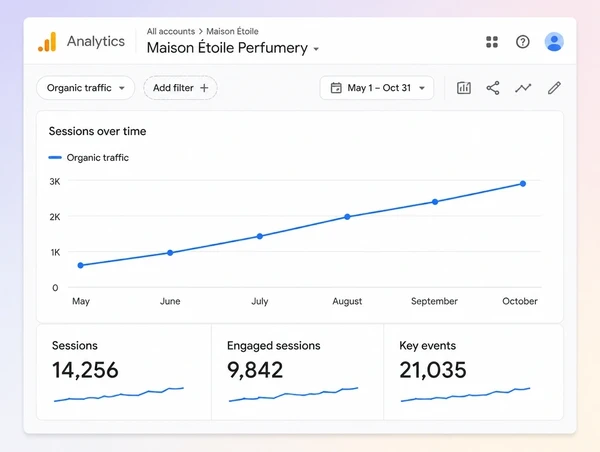 A Google Analytics chart for a perfumery showing organic sessions rising across six months
