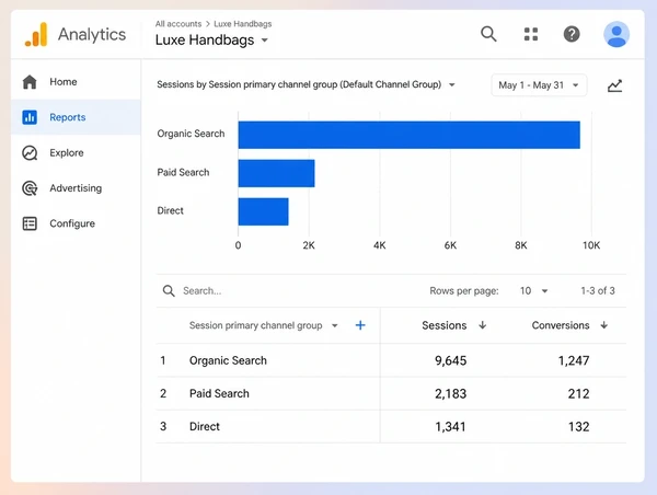 A Google Analytics report for a handbag brand comparing organic, paid and direct sessions
