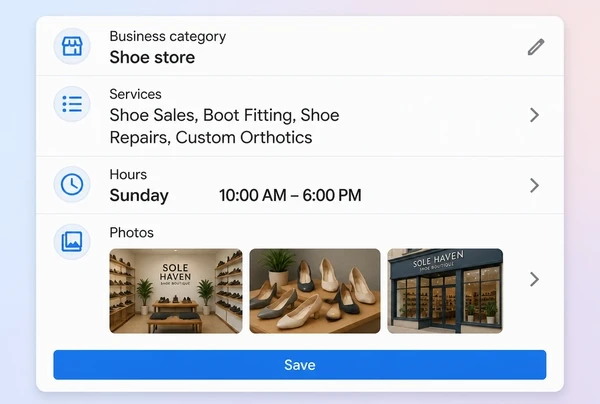 A Google Business Profile edit screen for a shoe boutique showing category, services, hours and photos