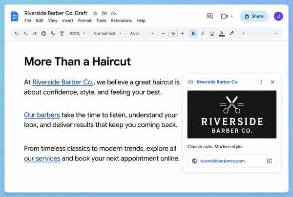 A Google Docs draft for a barber shop with three internal links and one link preview open