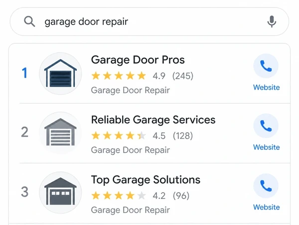 A local map result showing three businesses with ratings and call buttons
