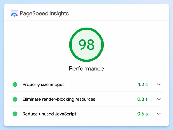 A PageSpeed Insights result for a physiotherapy practice site with a score and three diagnostic rows