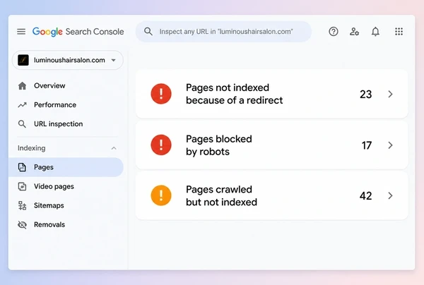 A Search Console indexing report for a hair salon site showing three groups of unindexed pages