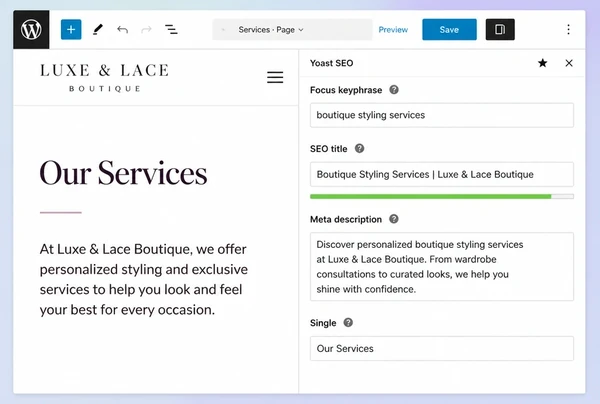 A WordPress editor showing the title, description and heading set for a fashion boutique service page