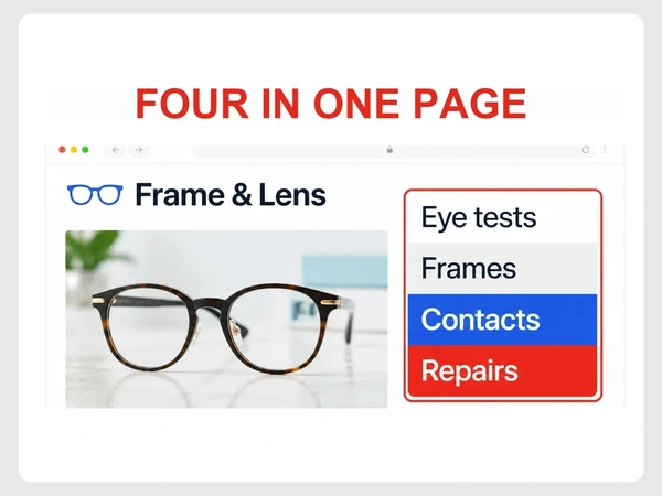 Frame & Lens squeezes overlapping Eye tests, Frames, Contacts, and Repairs blocks into one outlined column.