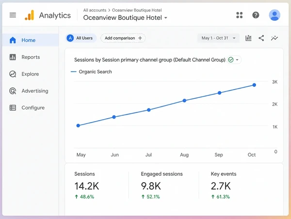 A Google Analytics chart for a boutique hotel showing organic sessions rising across six months