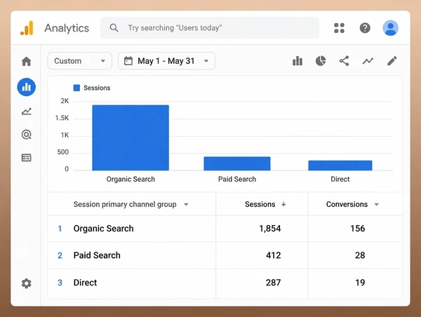 A Google Analytics report for a chocolate maker comparing organic, paid and direct sessions
