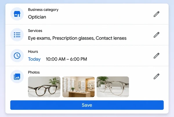 A Google Business Profile edit screen for an eyewear brand showing category, services, hours and photos
