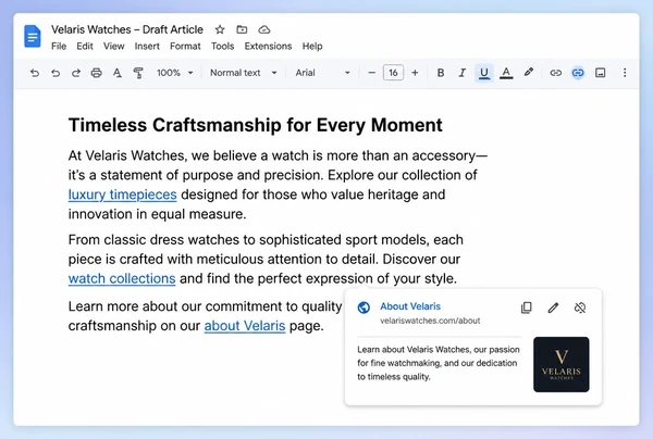 A Google Docs draft for a luxury watch retailer with three internal links and one link preview open