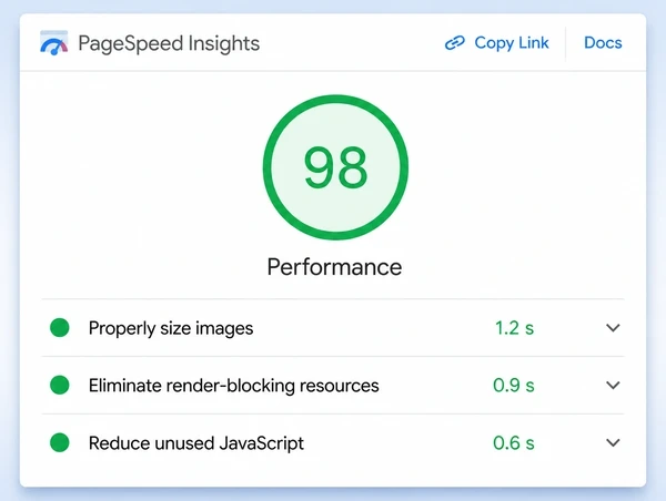 A PageSpeed Insights result for a yoga studio site with a score and three diagnostic rows