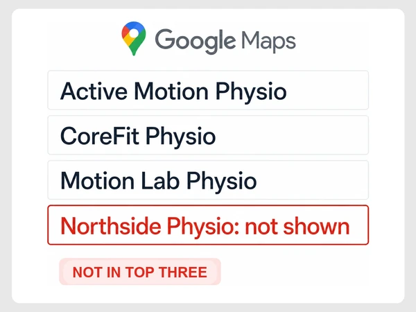 Google Maps lists three physiotherapy clinics while Northside Physio is marked not shown and NOT IN TOP THREE.