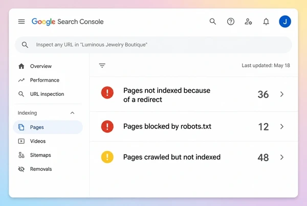 A Search Console indexing report for a jewellery boutique site showing three groups of unindexed pages