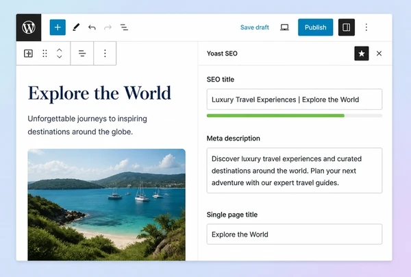 A WordPress editor showing the title, description and heading set for a travel service page