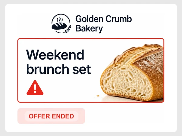 Golden Crumb Bakery website still shows Weekend brunch set with a warning triangle and OFFER ENDED label.
