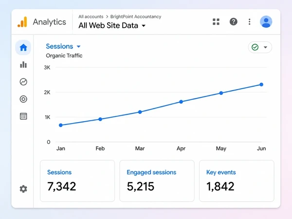 A Google Analytics chart for an accountancy practice showing organic sessions rising across six months
