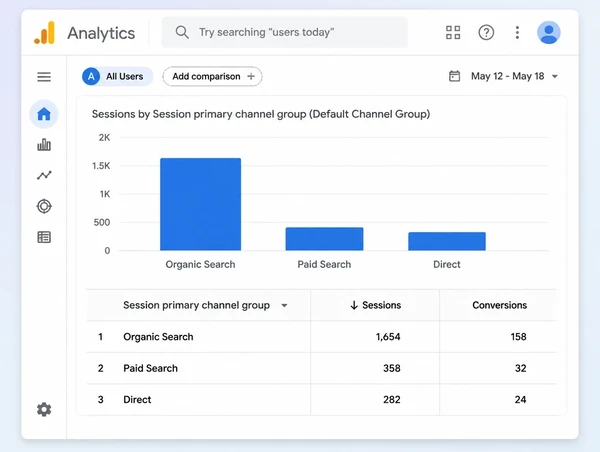 A Google Analytics report for a law practice comparing organic, paid and direct sessions