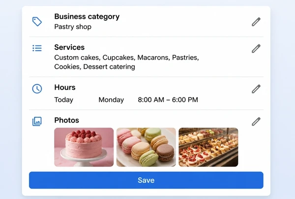 A Google Business Profile edit screen for a patisserie showing category, services, hours and photos