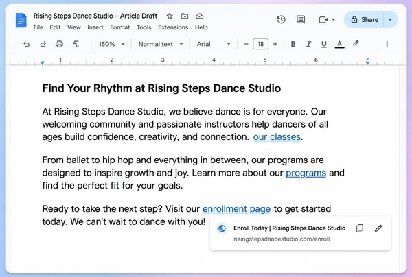 A Google Docs draft for a dance studio with three internal links and one link preview open
