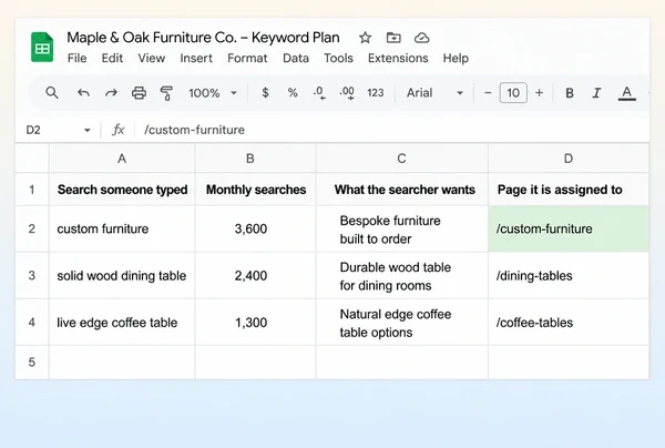 A Google Sheets keyword plan for a furniture maker with four searches mapped to pages