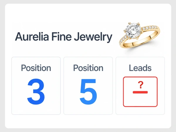 Aurelia Fine Jewelry SEO report shows positions 3 and 5 while Leads remains a red dash.