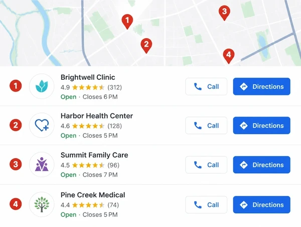 A local map result where a clinic ranks first with call and directions buttons