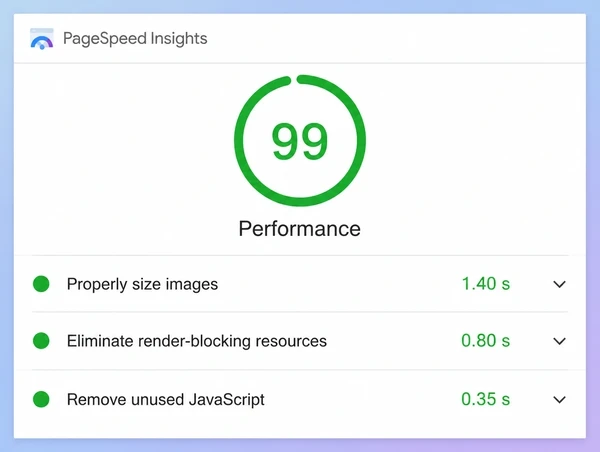 A PageSpeed Insights result for an art gallery site with a score and three diagnostic rows