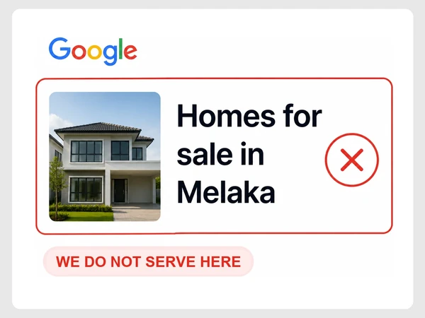 Keystone Realty Google result says Homes for sale in Melaka beside a red X and WE DO NOT SERVE HERE.