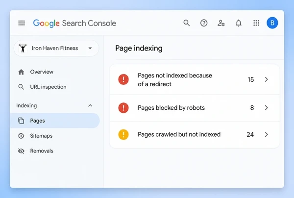 A Search Console indexing report for a boutique gym site showing three groups of unindexed pages