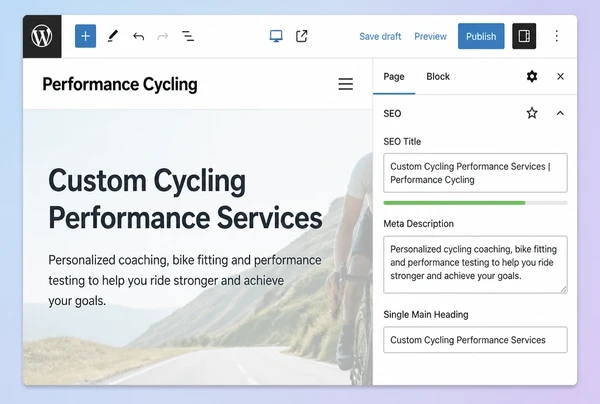 A WordPress editor showing the title, description and heading set for a performance cycling service page