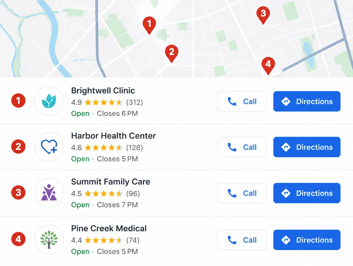 A local map result where a clinic ranks first with call and directions buttons