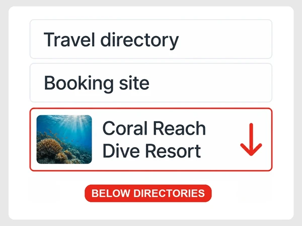 Coral Reach Dive Resort ranks third on Google below a travel directory and booking site.