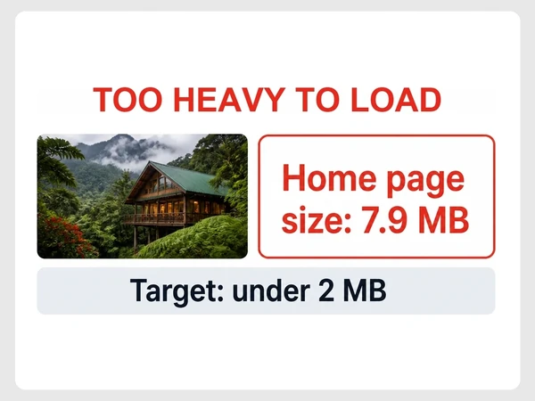 Kinabalu Ridge Lodge's home page is 7.9 MB against a target under 2 MB.