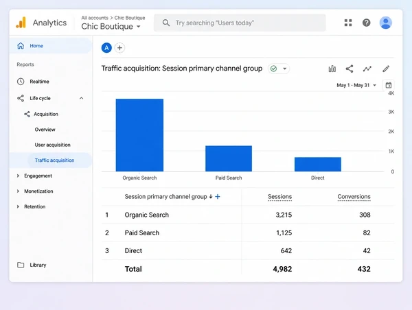 A Google Analytics report for a fashion boutique comparing organic, paid and direct sessions