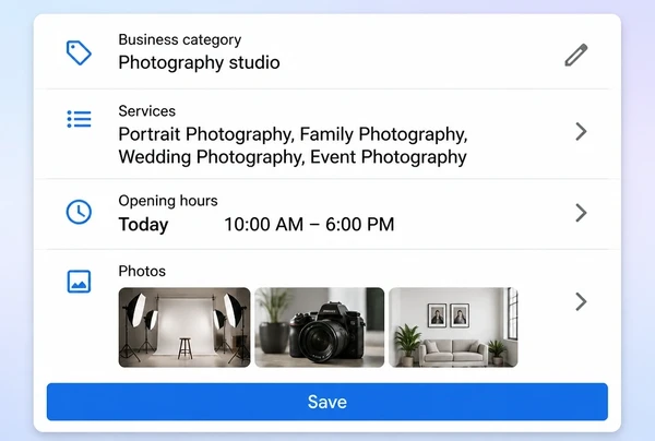 A Google Business Profile edit screen for a photography studio showing category, services, hours and photos