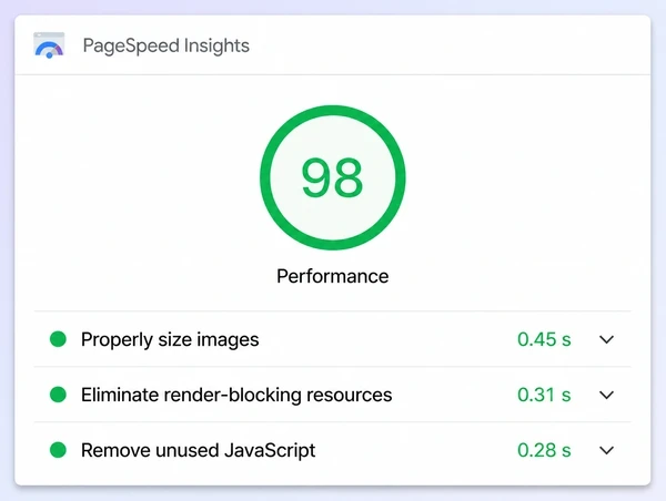 A PageSpeed Insights result for a florist site with a score and three diagnostic rows